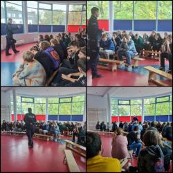 Pogadanka z policjantem - klasy 4-8 podczas zajęć tematycznych.