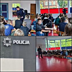 Pogadanka z policjantem - klasy 4-8 podczas zajęć tematycznych.