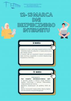 12-13 marca Dni Bezpiecznego Internetu - plakat wydarzenia. 12 marca - działania na rzecz cyfrowego bezpieczeństwa dzieci i młodzieży. 13 marca - zapraszamy do Punktu Informacyjnego DBI w łączniku.