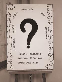 Plakat informacyjny - quiz dotyczący depresji. Kiedy: 20.11.2019r. Godzina: 17:30 - 19:00. Gdzie: sala B124.