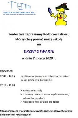 Serdecznie zapraszamy Rodziców i dzieci, którzy chcą poznać naszą szkołę na Drzwi Otwarte w dniu 2 marca 2020r. Program: 17:00 - 17:15 spotkanie organizacyjne z dyrektorem szkoły w sali gimnastyki korekcyjnej. 17:15 - 19:00 zwiedzanie szkoły, rozmowy z nauczycielami i wychowawcami, administracją szkoły, niespodzianki i atrakcje dla dzieci. Informujemy, że w sekretariacie będzie możliwość złożenia dokumentacji rekrutacyjnej.