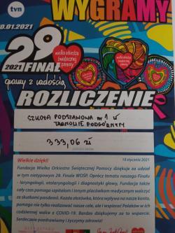 Rozliczenie 29 finału Wielkiej Orkiestry Świątecznej Pomocy w SP1. Zebraliśmy 333,06zł.