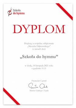 Szkoła do hymnu - dyplom dla SP1 za udział w akcji.