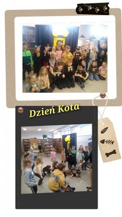 Dzień kota - oddział przedszkolny podczas tematycznych zajęć w bibliotece szkolnej.