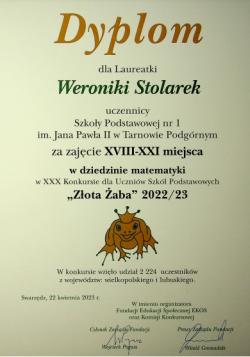Dyplom Laureatki konkursu Złota Żaba.