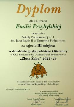 Dyplom Laureatki konkursu Złota Żaba.