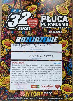 Podsumowanie zbiórki na rzecz Wielkiej Orkiestry Świątecznej Pomocy w Szkole Podstawowej nr 1 - zebraliśmy 1431,55zł.