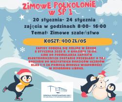 Zimowe półkolonie w SP1. 20 stycznia - 24 stycznia, zajęcia w godzinach 8:00-16:00. Temat: zimowe szaleństwo. Koszt 400zł/os. Zapisy odbędą się online w środę 8.01.2025 o godzinie 16:00. Link do formularza zapisów elektronicznych zostanie przesłany o tej godzinie do wszystkich rodziców uczniów klas 1-4 za pomocą modułu wiadomości w dzienniku Librus.