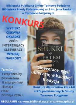 Plakat konkursu „Sleeveface, czyli ubierz się w książkę”.